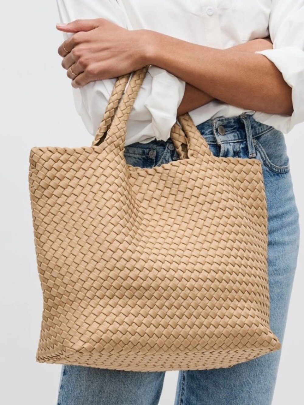 Sol & Selene Sky's The Limit Medium Woven Neoprene Nude Beige Tote Bag NWT - Picture 8 of 8